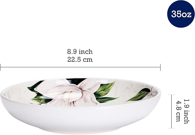 Bico Magnolia Floral Pasta Bowls, 35oz Salad Bowl Set of 4, Large Ceramic Serving Dinner Bowls for Soup and Cereal, Microwave and Dishwasher Safe, Gift for Housewarming and Thanksgiving