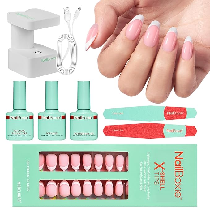 Modelones Gel Nail Kit, Press On Nails Kit with LED Light, 150 PCS Short Pink Almond, 15 Sizes French Tip Press on Nails, NailBoxie Pre-Colored Nail Tips for Easy DIY Nail Art-BrightBean Baby