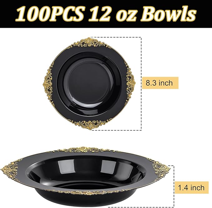 100PCS Black Plastic Bowls - 12 oz Black Gold Disposable Salad Bowls - Heavy Duty Soup Serving Bowl - Fancy Plastic Candy Bowl for Weddings, Parties, Dinners, Catering, Picnics, New Year Party