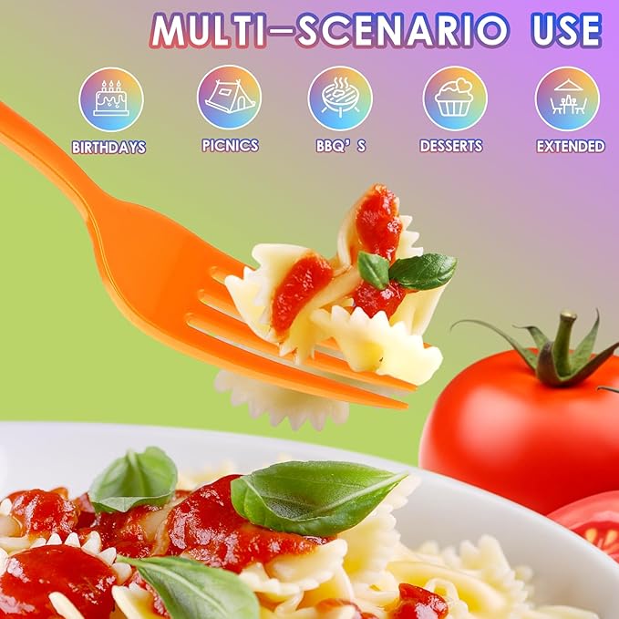 300 Pack Neon Party Disposable Plastic Silverware Heavy Duty, Plastic Cutlery Set, Forks and Spoons Knives Set for Birthday Party Prom Night, Weddings（Orange,Green, Hot Pink, Yellow Colors）