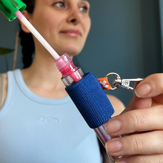 LipBalm Holder with Keychain, Lipstick Holder Keychain, Lip Gloss Holder Keychain, Never Lose Your Lip Balm, Lip Gloss or Lipstick with Cute Elastic Lip Balm Keychain Holder (Blue)-BrightBean Baby