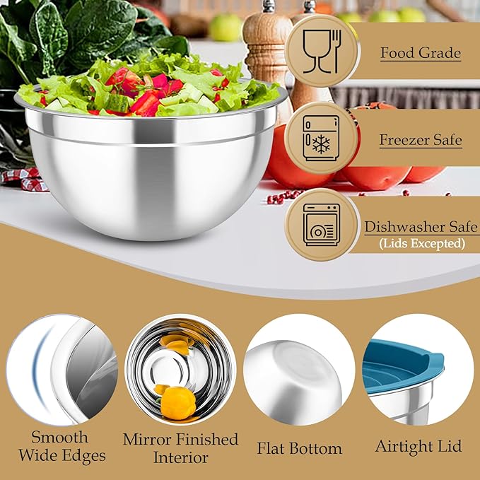 TeamFar Mixing Bowls with Lids Set, 6PCS Stainless Steel Metal Nesting Salad Bowl with 3 Grater Attachments, for Food Baking/Mixing/Serving/Storing, Dark Blue- 4.6/2.6/2 / 1.5/1 / 0.7 QT