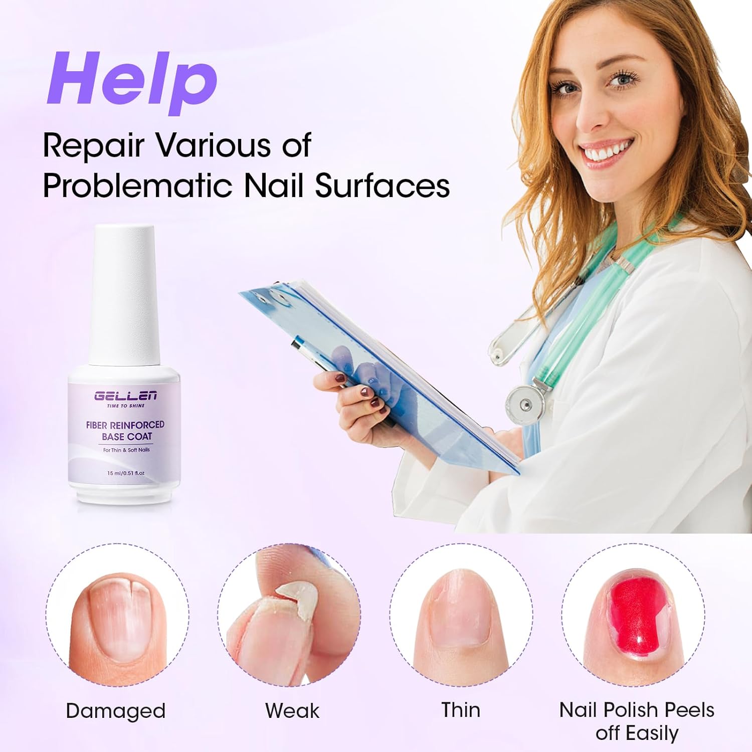 GELLEN Fiber Glass Base Gel Polish, 0.51 Fl.oz Clear Nail Strengthener for Repair Broken Damaged Thin Weak Nails, Professional Soak Off UV Base Coat Salon Home-BrightBean Baby