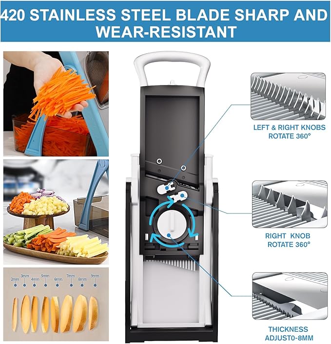 (All-in-1) Upgraded Version Mandoline Slicer for Kitchen & Adjustable Mandolin. Detachable Blade, Kitchen Veggie Chopper Cut Slicing, Strips, Shredding, Dicing, Chop (Black White)