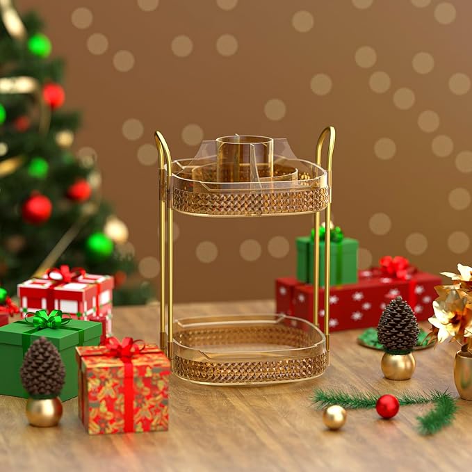 Awenia Rotating Makeup Organizer 360, Stackable Adjustable Large Capacity Cosmetic Storage Unit,Dresser Bathroom Kitchen Countertop Organizer with Metal Handle, Plus Size (Honorable Gold, 2 Tier)-BrightBean Baby