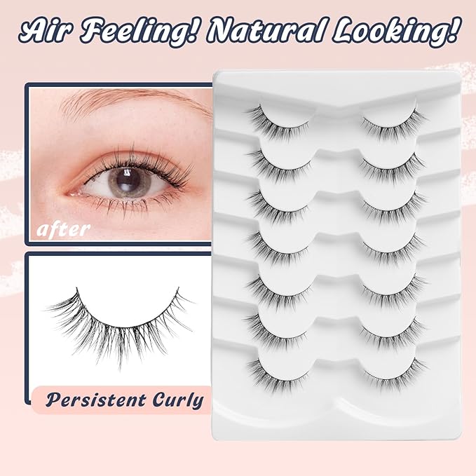 Natural Lashes Wispy Eyelashes Natural Look Short Lashes Pack 12mm Eyelashes C Curl False Lashes Thinner Band 3D Volume Fake Eyelashes 7 Pair Siligli-BrightBean Baby