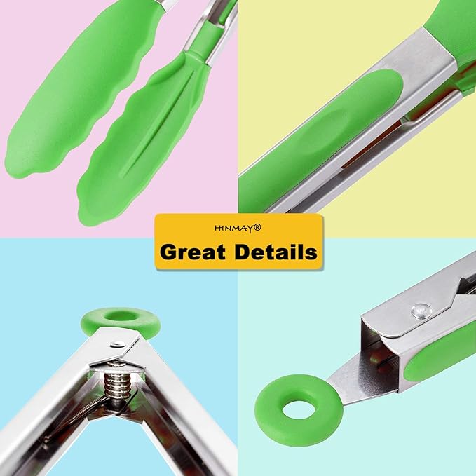Silicone Tongs 9-Inch Stainless Steel Locking Kitchen Tongs, Set of 3 (Green)