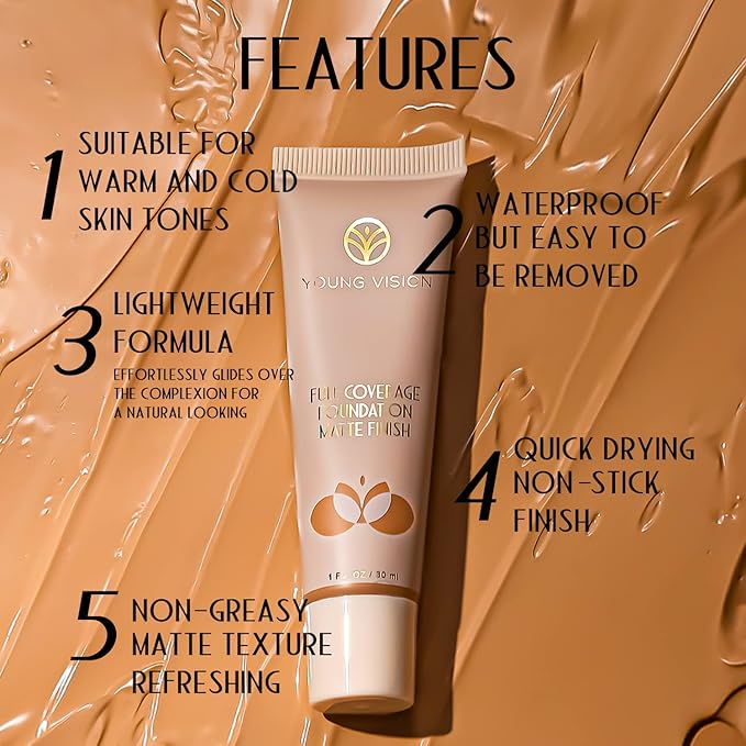 YOUNG VISION Full Coverage Longwear Foundation, Matte Finish, Waterproof, Poreless Liquid Foundation Makeup, Base de Maquillaje Alta Cobertura, 1 fl.oz-BrightBean Baby