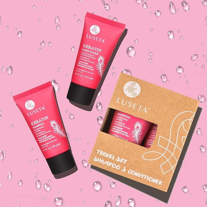 Luseta Keratin Shampoo Full + Travel Size Shampoo + Conditioner Set for Color Treated Damaged & Dry Hair, Keratin Hair Treatment for Smoothing& Nourishing (2x16.9 FL Oz + 2x1.01 FL Oz)-BrightBean Baby