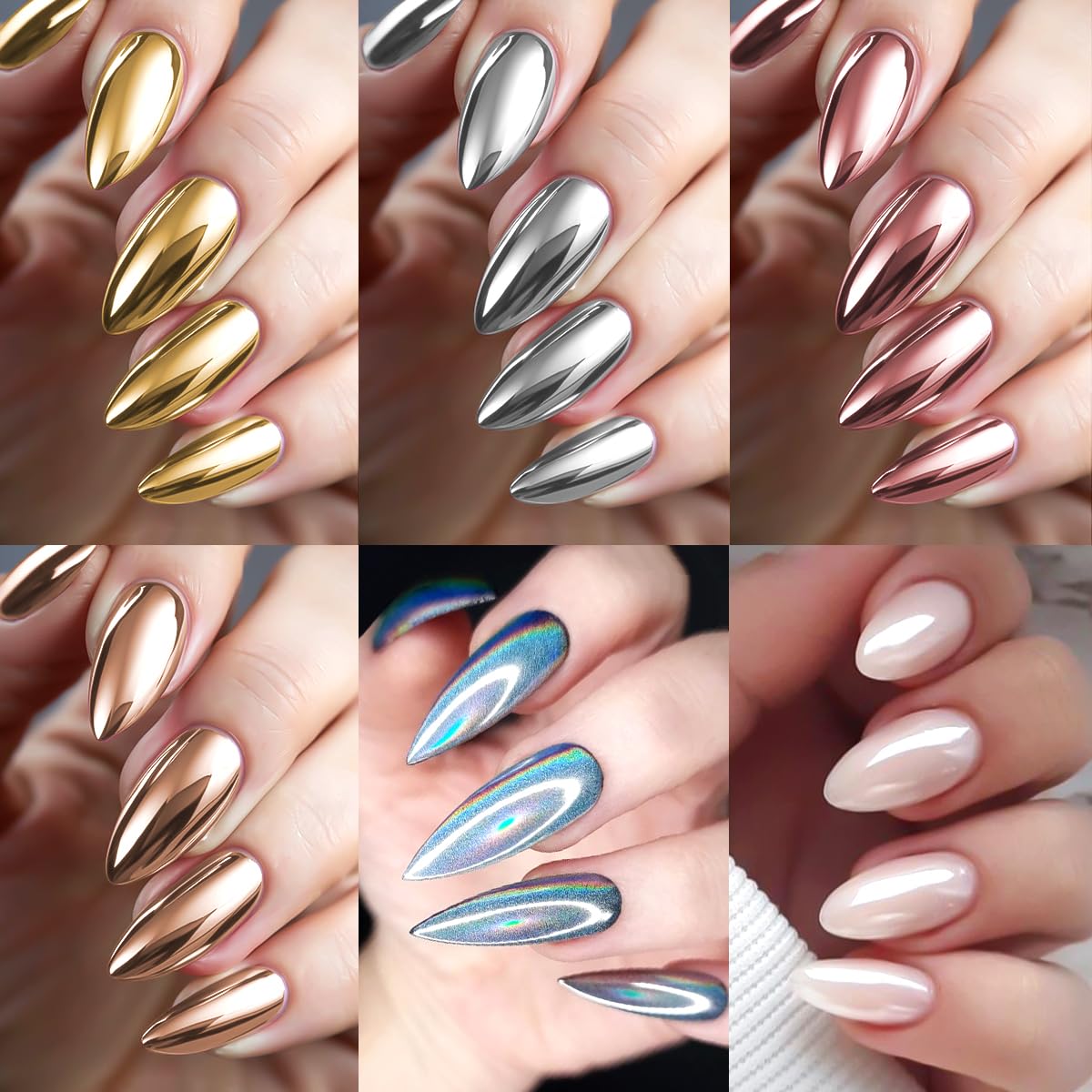 Chrome Nail Powder and 3D Nail Gel Kit, Metallic Mirror Glitter Effect Chrome Powder For Nail Art, Holographic Aurora Iridescent Dip Dust Pigment and 10g Sculpting Gel Set for Nail Decor DIY-BrightBean Baby