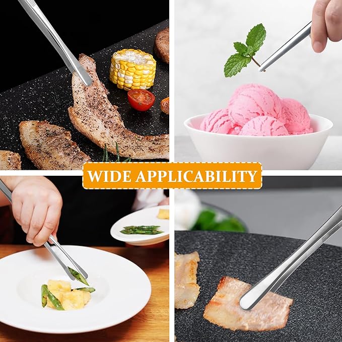 Litoexpe 4 PCS 10in & 12in Fine Tweezer Tongs, Stainless Steel Cooking Tongs for BBQ Sea Food Repairing Serving, Silver