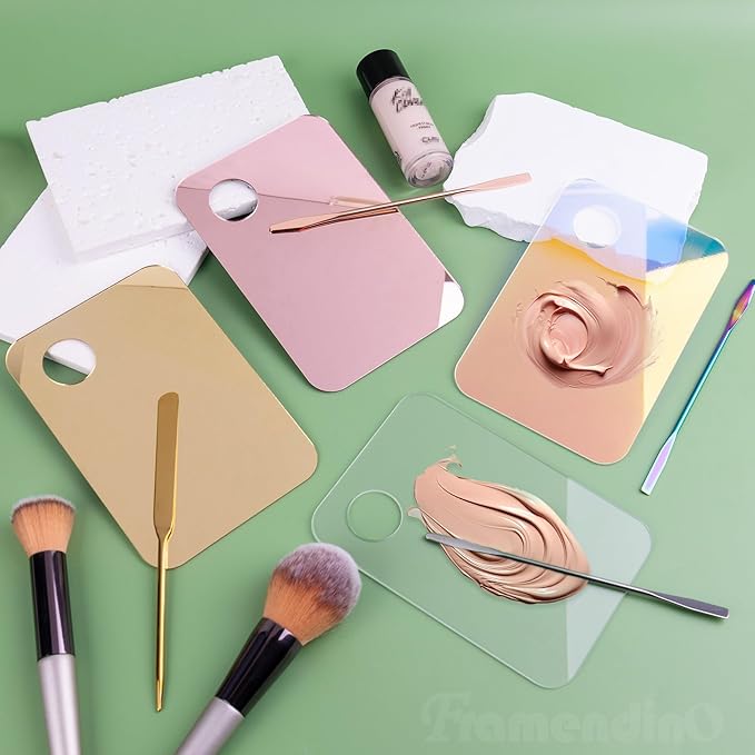 Framendino, 4 Pack Acrylic Cosmetic Makeup Palette Tray with 4 Pack Foundation Spatula Makeup Mixing Palette for Foundation Lipsticks Nail Art Beauty Salon-BrightBean Baby