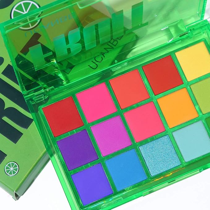UCANBE Bright Colorful Neon Rainbow Makeup Eyeshadow Palette 15 Shades Green Purple Yellow Make Up Pallets Kit Vibrant Shimmer Matte Pigmented Blendable - Fruit Punch-BrightBean Baby