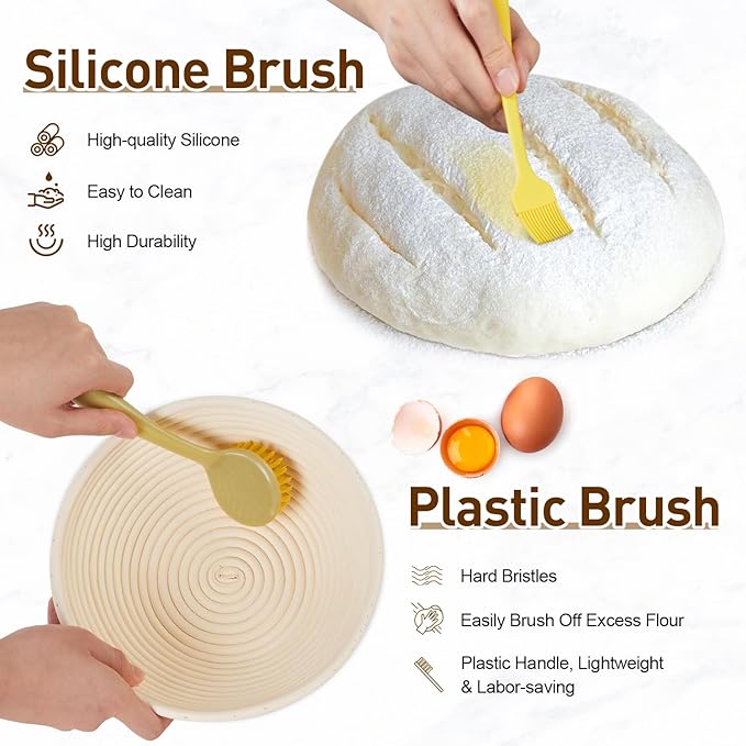 Banneton Bread Proofing Basket, Sourdough Starter Kit with 9" Round & 10" Oval Bread Proofing Basket, Bread Lame, Brushs, Spatula, Scraper, Dough Whisk, Flour Duster & Stencils
