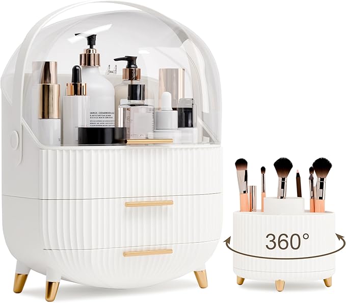 Makeup Organizers and Storage Make up Organizer for Vanity Cosmetics Skincare With Lid and Drawers Display Cases for Countertop Bathroom Women Teenager Girl Gifts(White+Brush Holder)-BrightBean Baby