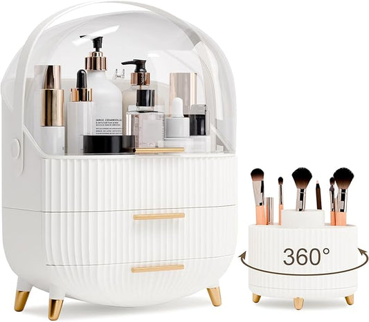 Makeup Organizers and Storage Make up Organizer for Vanity Cosmetics Skincare With Lid and Drawers Display Cases for Countertop Bathroom Women Teenager Girl Gifts(White+Brush Holder)-BrightBean Baby