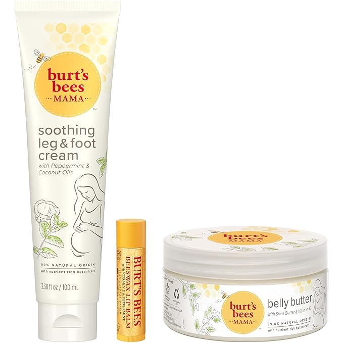 Burt's Bees Pregnancy Essentials Gifts Set, 3 Giftable Baby Shower Products & Must Have Baby Registry Items, Nourishing Skincare - Mama Belly Butter, Original Lip Balm, Leg & Foot Cream-BrightBean Baby