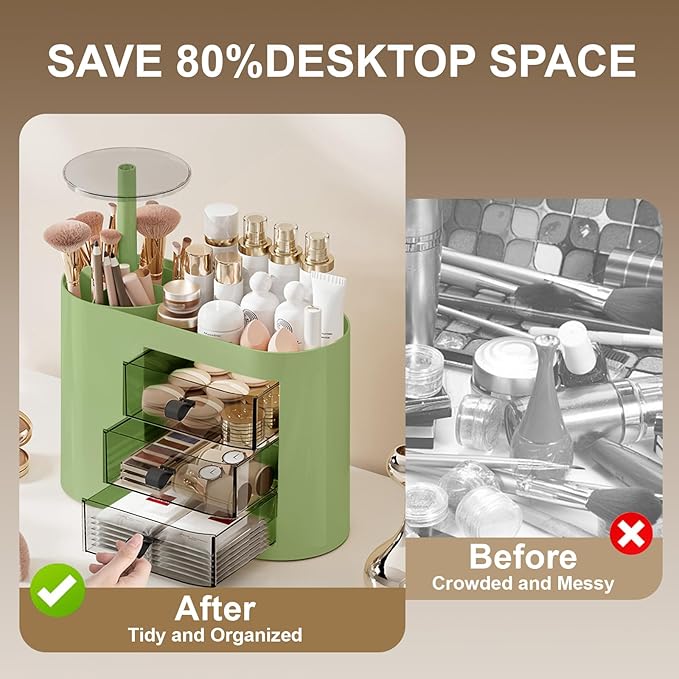 DASITON Makeup Organizer with 3 Drawers,Automatic Lifting Makeup Brush Holder with Lid,Large Capacity Makeup Organizers for Vanity,Bathroom Countertop,Ideal Storage Skin Care,Brushes,Lipstick (Green)-BrightBean Baby