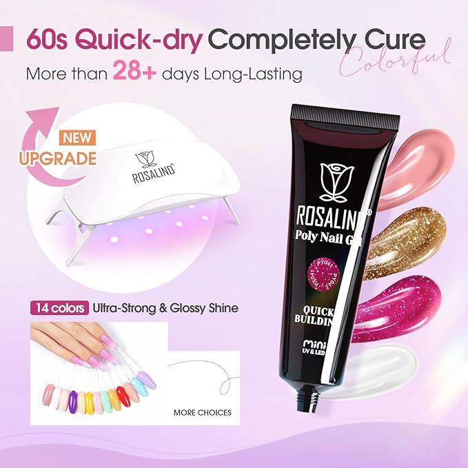 ROSALIND Poly Nail Gel Colors Kit -14 Colors +72 Nail Art Accessories kit Glitter Poly Nails Gel Kit Starter Kit with Mini UV Lamp Slip Solution Nude Pink Poly Nail Art for Beginners with Everything-BrightBean Baby