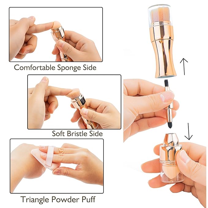 kullder 4 in 1 Makeup Brush Travel Makeup Brushes Blend Sponge, Eyebrow, Eyeshadow & Blush Brushes for Foundation Concealer Double Ended Makeup Brush with Powder Puff Women Ideal Gifts-BrightBean Baby