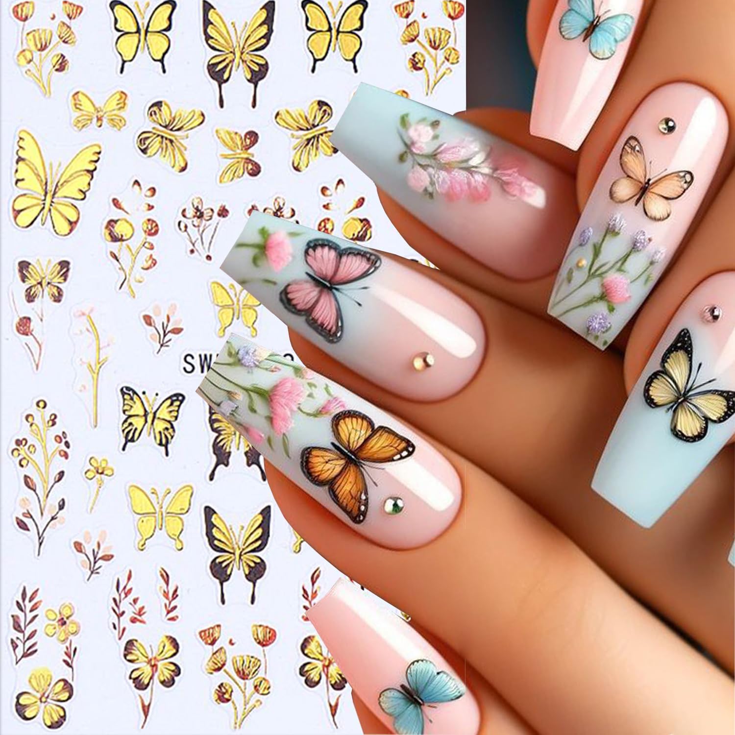 Butterfly Nail Art Stickers Gold Butterflies Nails Art Decals 3D Self-Adhesive Nails Sticker Holographic Spring Decal Decoration for Women Blue Butterfly Manicure Stickers DIY Nail Supplies-BrightBean Baby