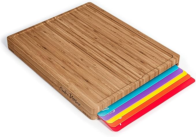 Bamboo Wood Cutting Board Set, Bamboo with 6 Color Coded Flexible Plastic Chopping Mats with Food Icons, Wooden Cutting Boards for Kitchen, Wooden Chopping Board Set Non Toxic Dishwasher Safe