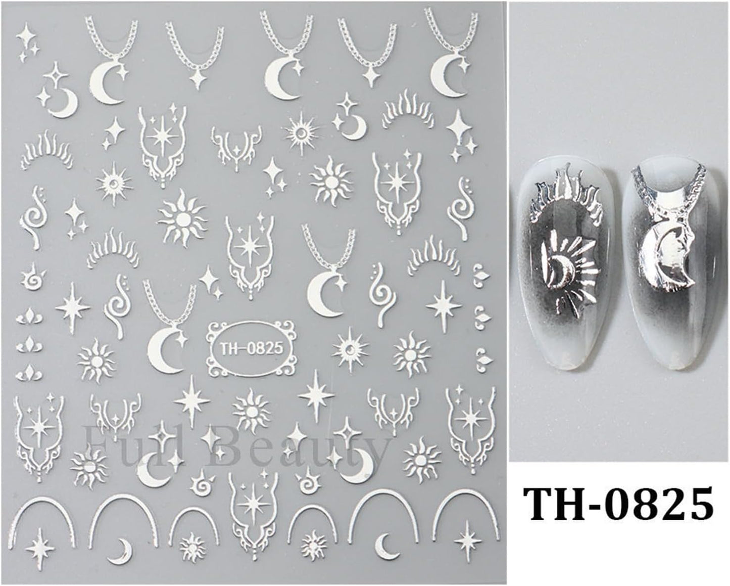 Metallic Silver Nail Art Stickers 3D Self-Adhesive Nails Stickers Bohemian Sun Moon Hexagram Butterfly Heart French Tip Decal Supplies Women DIY Silver Metal Nail Art Decoration 4Sheets-BrightBean Baby