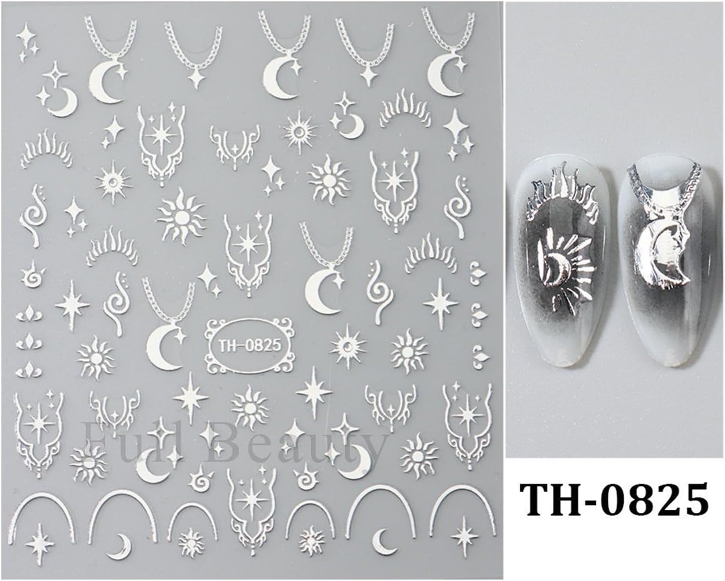 Metallic Silver Nail Art Stickers 3D Self-Adhesive Nails Stickers Bohemian Sun Moon Hexagram Butterfly Heart French Tip Decal Supplies Women DIY Silver Metal Nail Art Decoration 4Sheets-BrightBean Baby