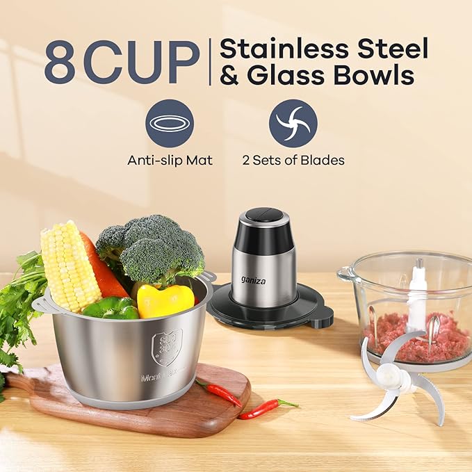 GANIZA Electric Food Processor with Meat Grinder & Vegetable Chopper - 450W Dual 8 Cup Bowls