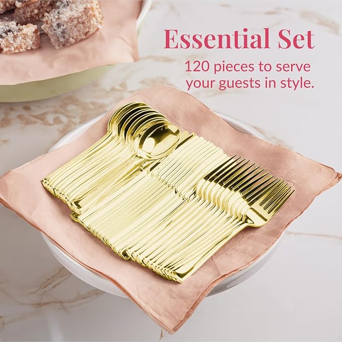 Prestee 120 Gold Plastic Cutlery Set - 40 Forks, 40 Spoons, 40 Knives - Heavy Duty Disposable Flatware