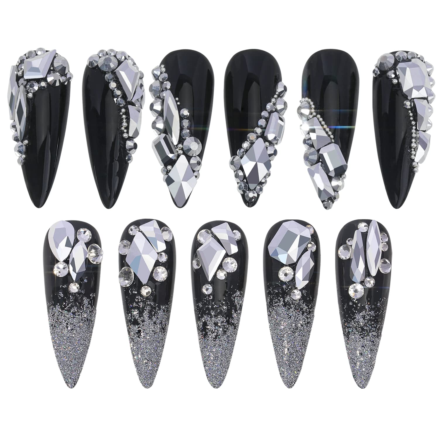 HNUIX Nail Rhinestones - 3D Multi Shape Size, Silver Nail Gems and Charms, Flat Back Crystal, with Kit, for Nail Art, DIY Decorations-BrightBean Baby
