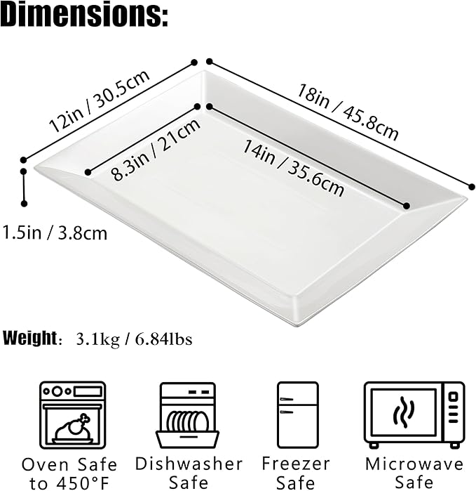18" x 12" Large Serving Platters Set of 2, Porcelain Heavy-Duty Large Serving Trays, White Rectangular Plates for Turkey, Food, Fruit, Party, Wedding, Christmas, Chip and Scratch Resistant