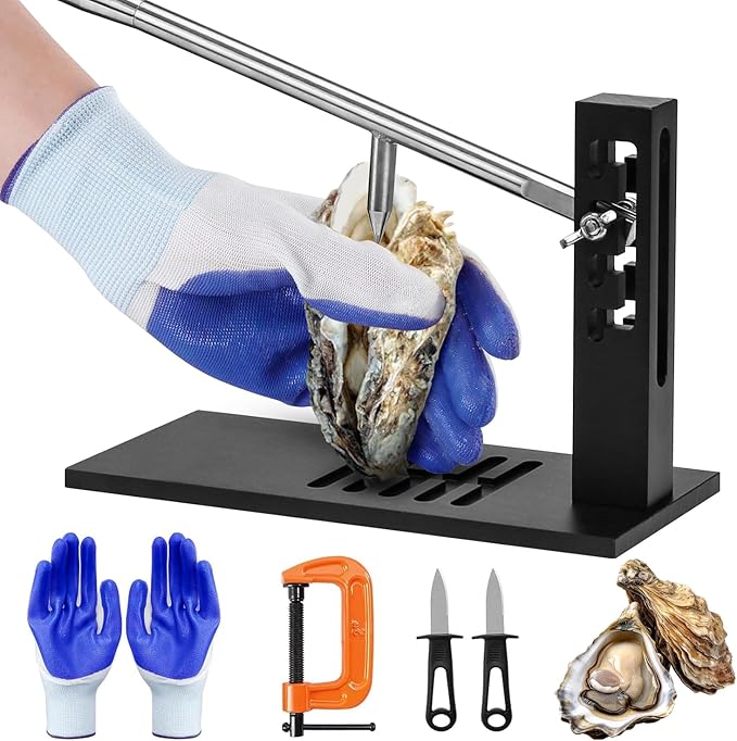 Stainless Steel Oyster Clam Opener Machine,Oyster Shucker Tool,Adjustable Oyster Opener Tool,Including Knives, Gloves and G-Clip,Suitable for Seafood Tools for Hotel, Family and Buffet