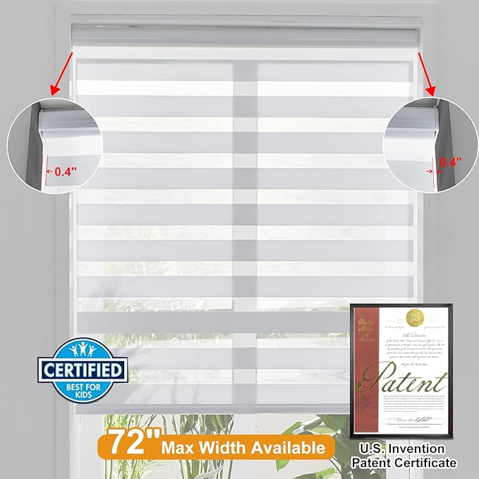 Persilux Cordless Zebra Blinds for Windows (58" W X 72" H, White) Free-Stop Roller Windows Shades Dual Layer Light Control for Day and Night, Light Filtering Sheer Shades for Home, Easy to Install