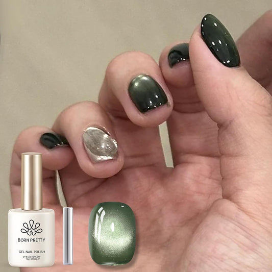 BORN PRETTY Cat Magnetic Eye Gel Nail Polish,Dark Emerald Jelly Glass Magnetic Gel Polish,Green Glitter Soak Off Nail Art Salon Manicure Home Gift 15ml-BrightBean Baby