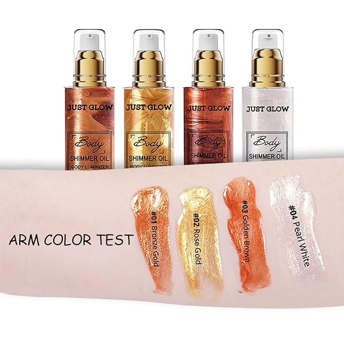 Shimmer Body Oil, Face and Body Liquid Luminizer Waterproof Moisturizing, Light Shimmer Glow Illuminator, Smooth Body Highlighter Makeup Liquid Body Shimmer (2# Gold)-BrightBean Baby