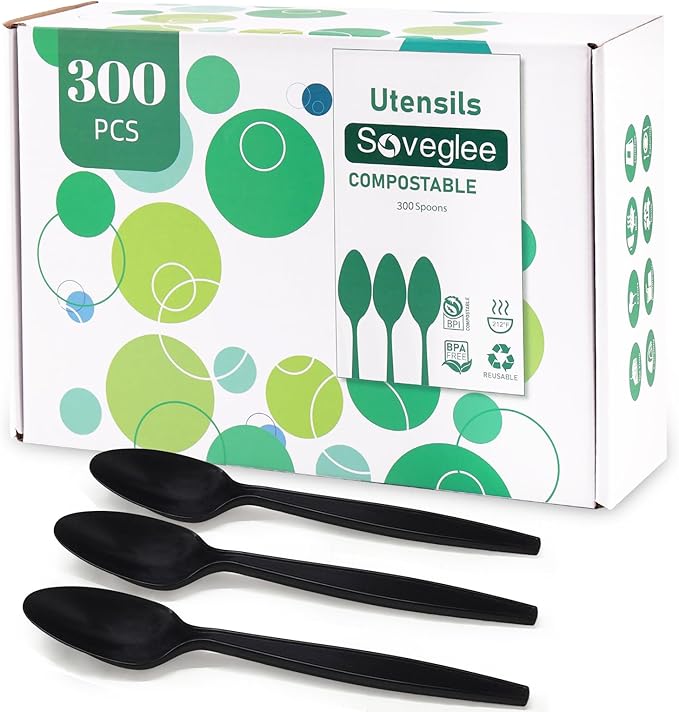 100% Compostable Spoons, 300 Disposable Spoons, Black Non Plastic Spoons, BPA-Free Heavy Duty Disposable Utensils, Ecofriendly Compostable Cutlery for Party Wedding Picnic