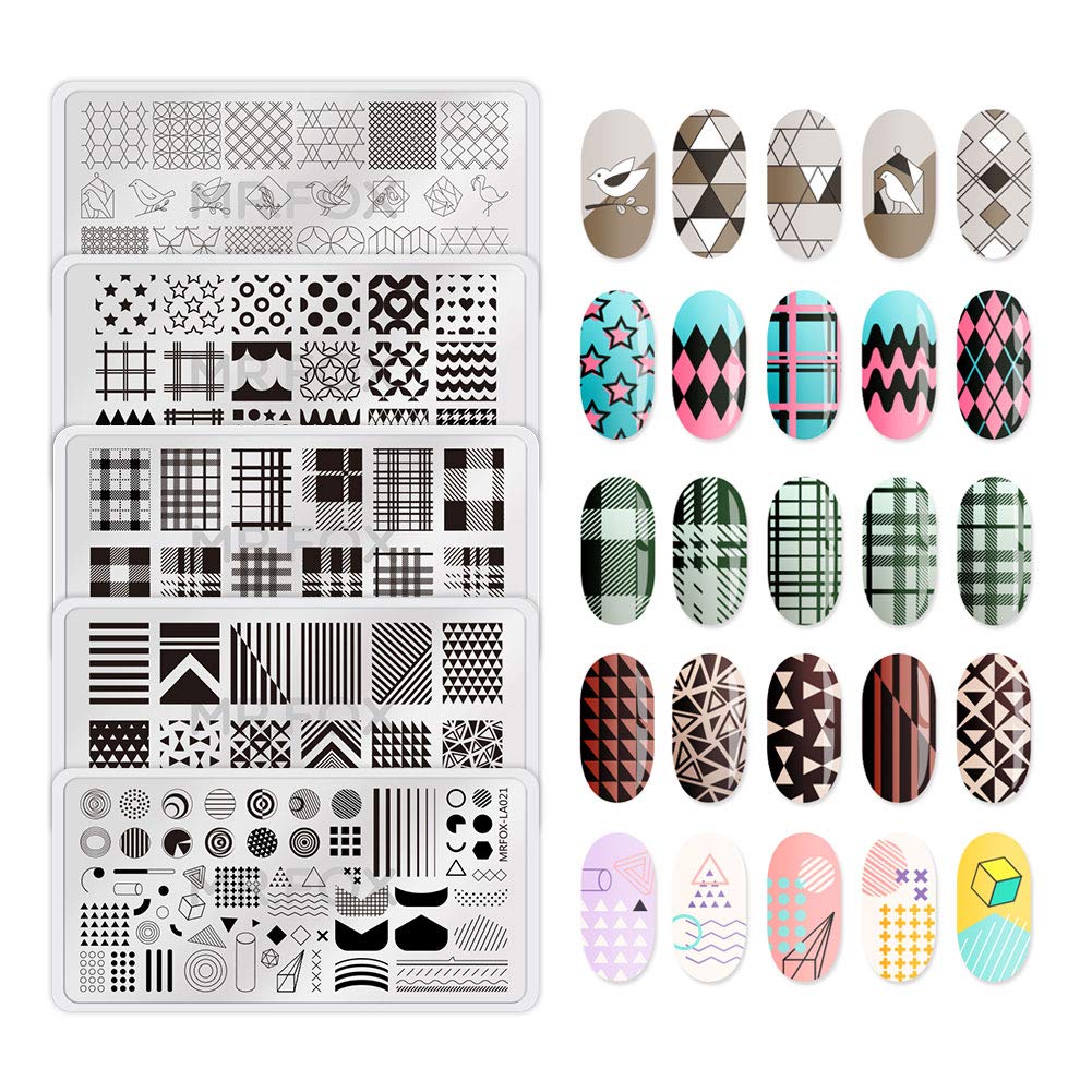 Mr.Fox Nail Printing Board Set Geometric Motif Lines Round Plaid Diamond Pattern Art DIY hot Stamping Template, etc-BrightBean Baby