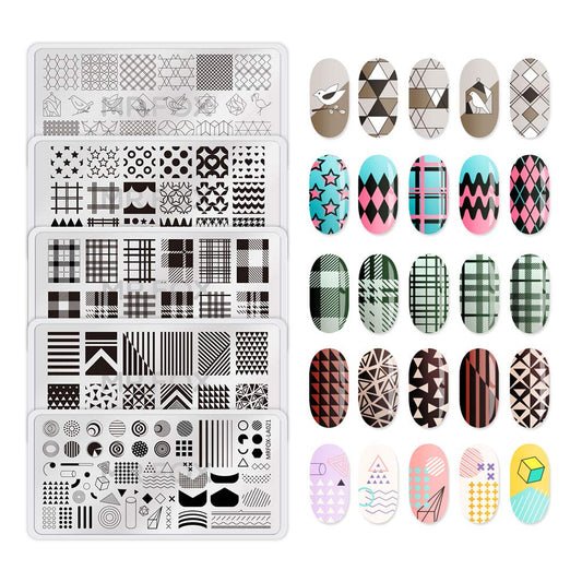 Mr.Fox Nail Printing Board Set Geometric Motif Lines Round Plaid Diamond Pattern Art DIY hot Stamping Template, etc-BrightBean Baby
