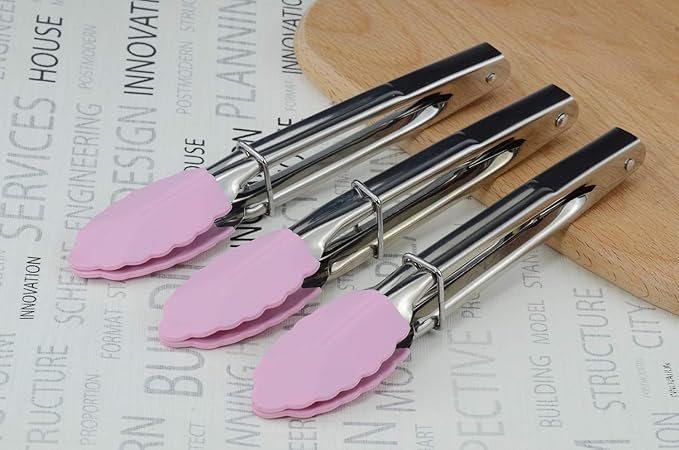 7-Inch Serving Tongs with Silicone Tips Clam Shell Mini Tongs, Set of 3 (Pink)