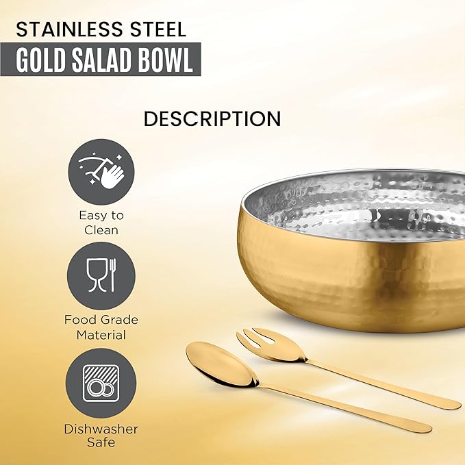 Avador® Set of 3 Premium Stainless Steel Salad Mixing Bowl Hammered Finish | Handmade | Includes Salad Serving Utensils (Gold Plated)