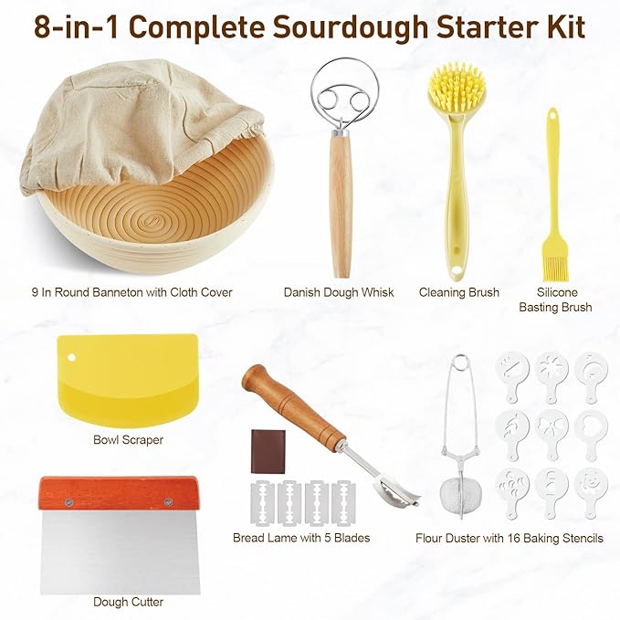 Banneton Bread Proofing Basket, Sourdough Starter Kit, 9" Round Sourdough Bread Baking Supplies with Dough Whisk, Bread Lame, Brush, Scrapers, Flour Duster & Stencils, Bread Making Tools Gift Set