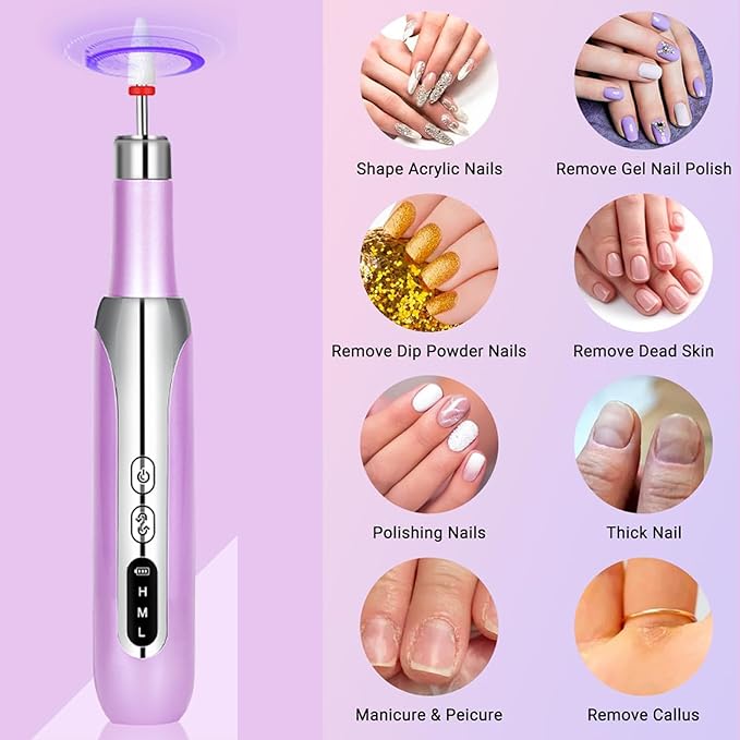 Electric Nail Drill File Cordless,Portable Rechargeable Nail File Kit for Acrylic & Gel Nails,Professional Efile for Manicure Pedicure Polishing,with 12 Nail Drill Bits 31 Sanding Bands,Purple-BrightBean Baby