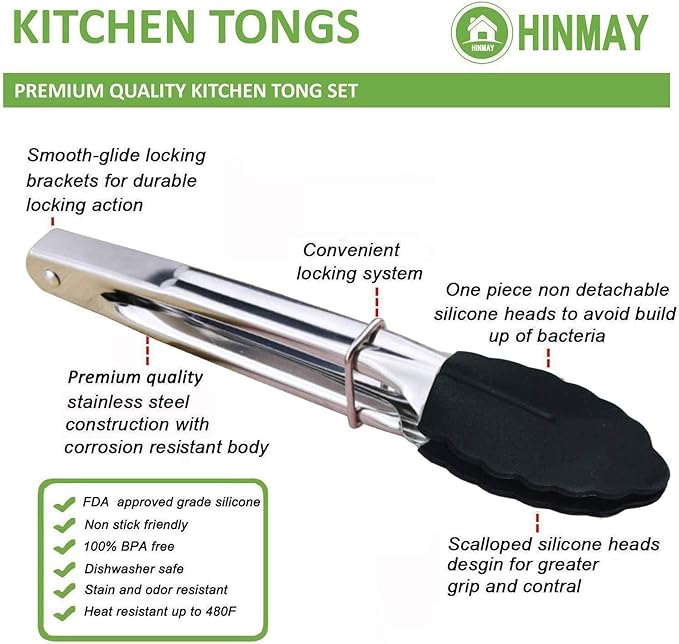 Mini Tongs with Silicone Tips 7-Inch Kitchen Tongs, Set of 3 (Black)