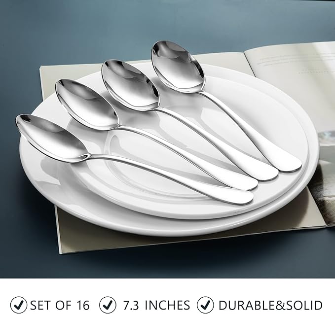 SANTUO 16 Piece Stainless Steel Dinner Spoons Set, 7.3" Silverware Set, Table Soup Spoons, Mirror Finish & Dishwasher Safe
