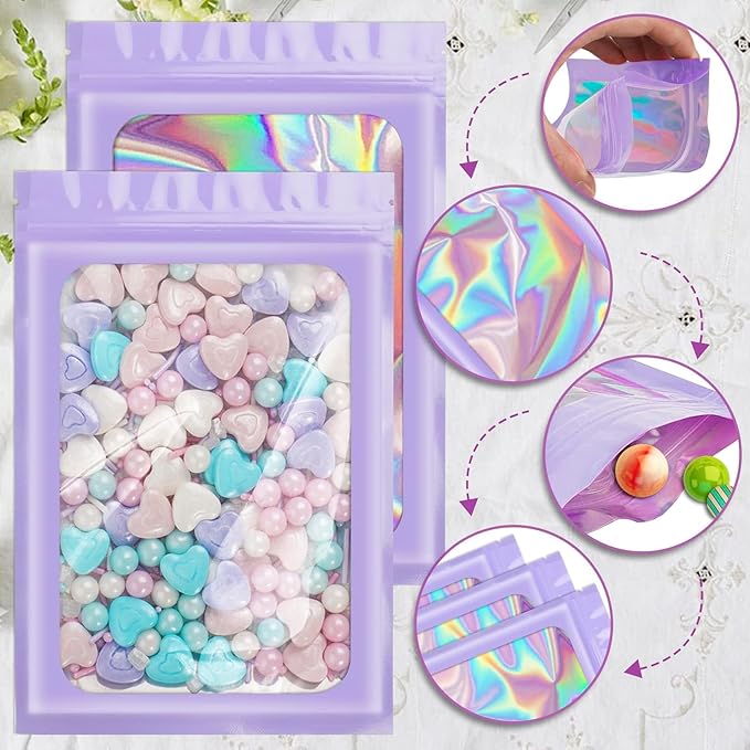 ANZNKU 100 Pcs Smell Proof Mylar Resealable Bags, Holographic Packaging Bags, Resealable Odor Foil Pouch Zip Bag with Clear Window for Food Storage and Lipgloss, Jewelry Lash (Purple, 5.5 x 7.9 Inch)-BrightBean Baby