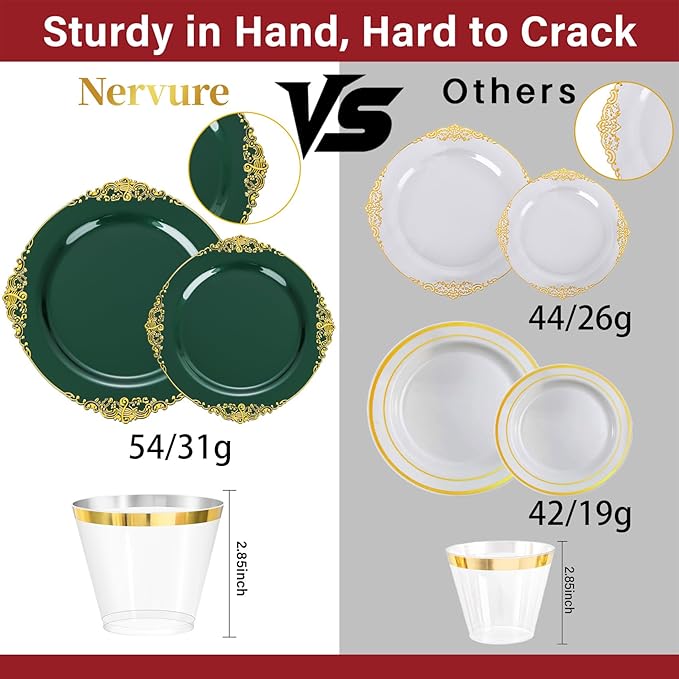 Nervure 350PCS Green Plastic Plates - Green Gold Plastic Dinnerware Sets for 50 Guests - 100 Disposable Plates, 150 Gold Silverware, 50 Cups, 50 Napkins for Wedding & Party & Christmas