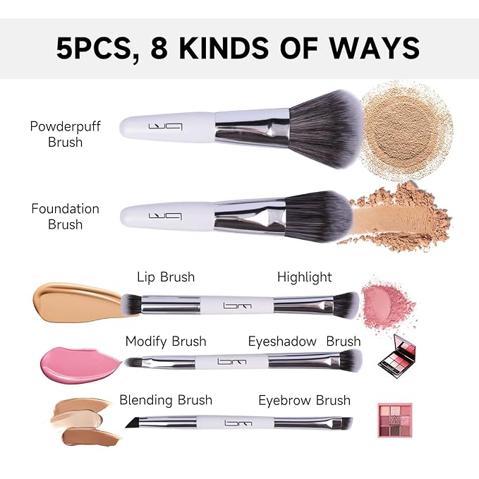 Travel Makeup Brushes Set w/Pouch, 5PCS Double Ended Portable Mini Cosmetic Brushes Kit for Foundation, Eyeshadow, Lip, Blush Make Up Brushes Professional(White)-BrightBean Baby