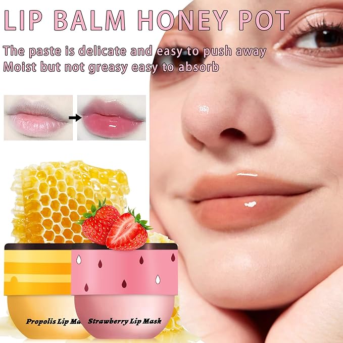 2PCS Lip Mask Overnight, Honey&Strawberry Moisturizing Repair Sleeping Lip Balm, Fade Lip Lines Bee Lip Balm, Hydrating &Prevention Dry and Crack Lip Scrubs Exfoliator (Honey & Honey)-BrightBean Baby