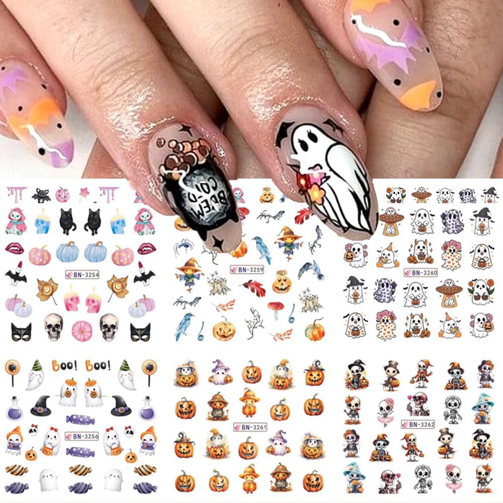Halloween Nail Decals - Cute Cartoon Water Transfer Foil for Women - Pink Pumpkin Ghost Skeleton Witch Bat Designs - DIY Nail Art Decor - 12Pcs-BrightBean Baby